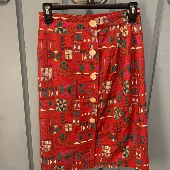 Vintage Red Geometric Shapes Skirt Mother of Pearl Buttons Sz 4 - Picture 1 of 10